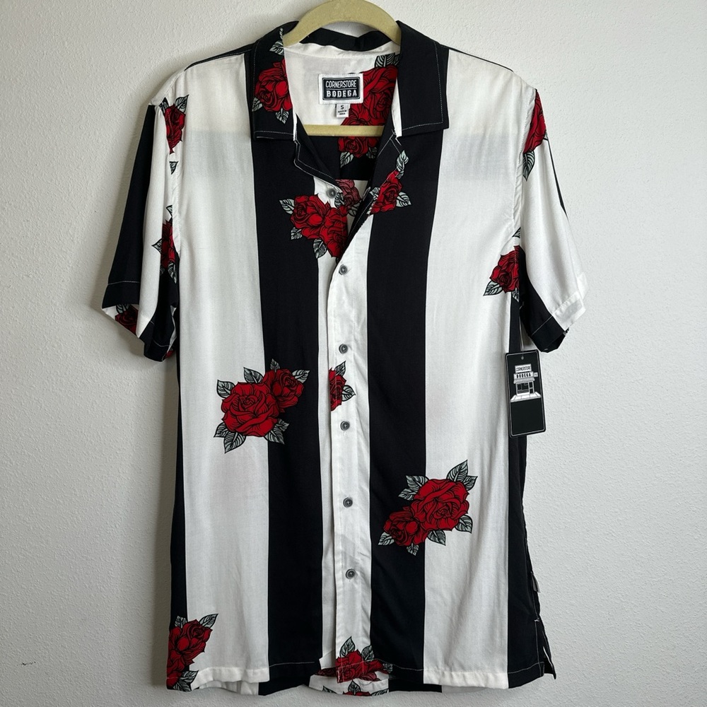 Bodega Stylish Black and White Button-Down Shirt with Red Rose Pattern
